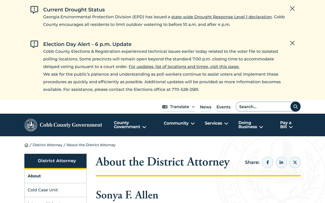 Cobb County District Attorney Sonya F. Allen page used for criminal records inquiries