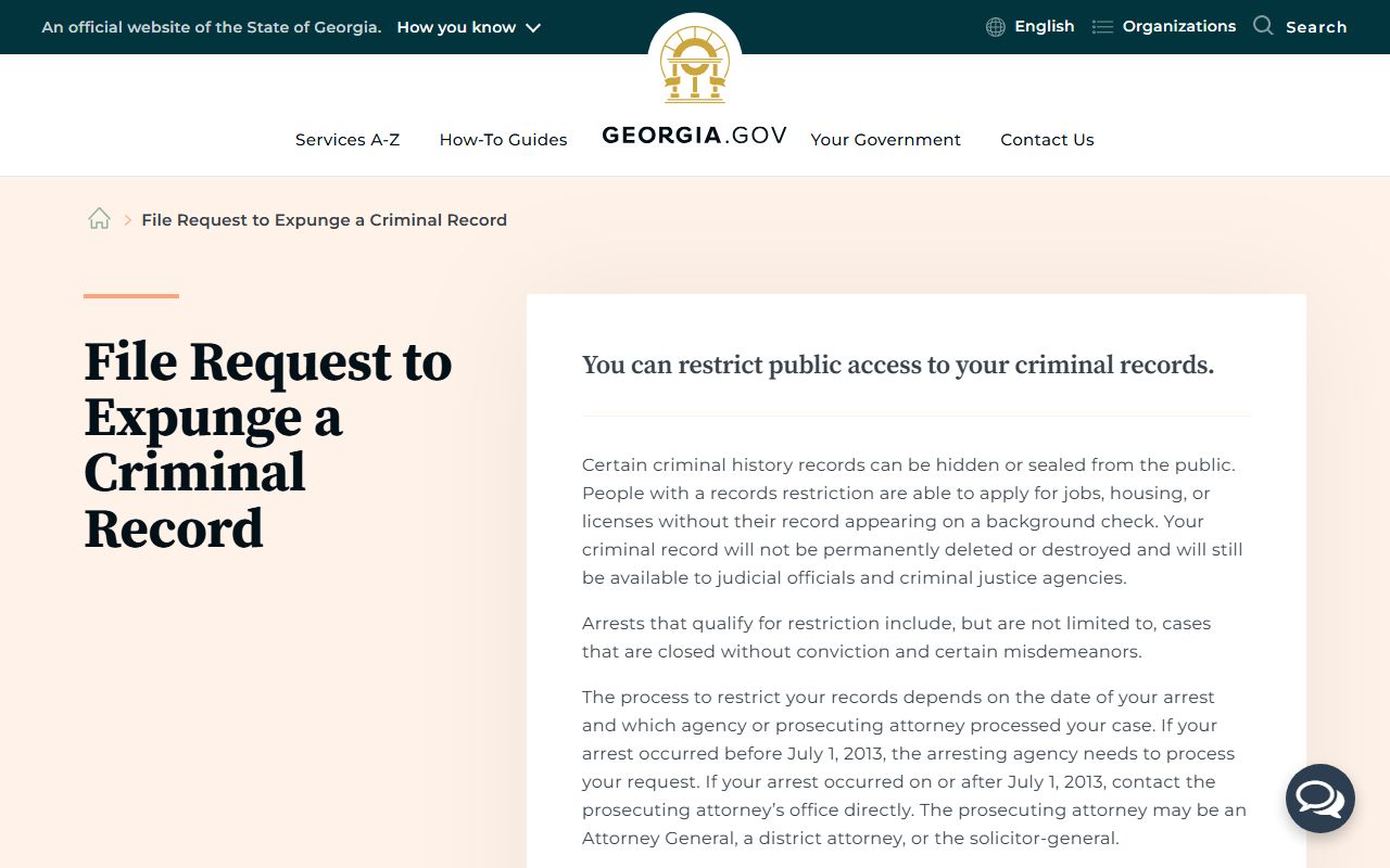 Georgia.gov file or request to expunge a criminal record page for Cobb County users