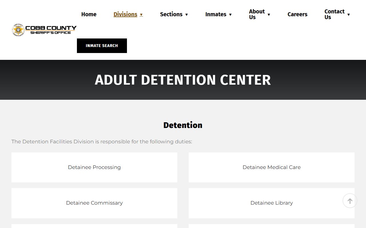 Cobb County Sheriff Adult Detention Center page with inmate population and jail facility information
