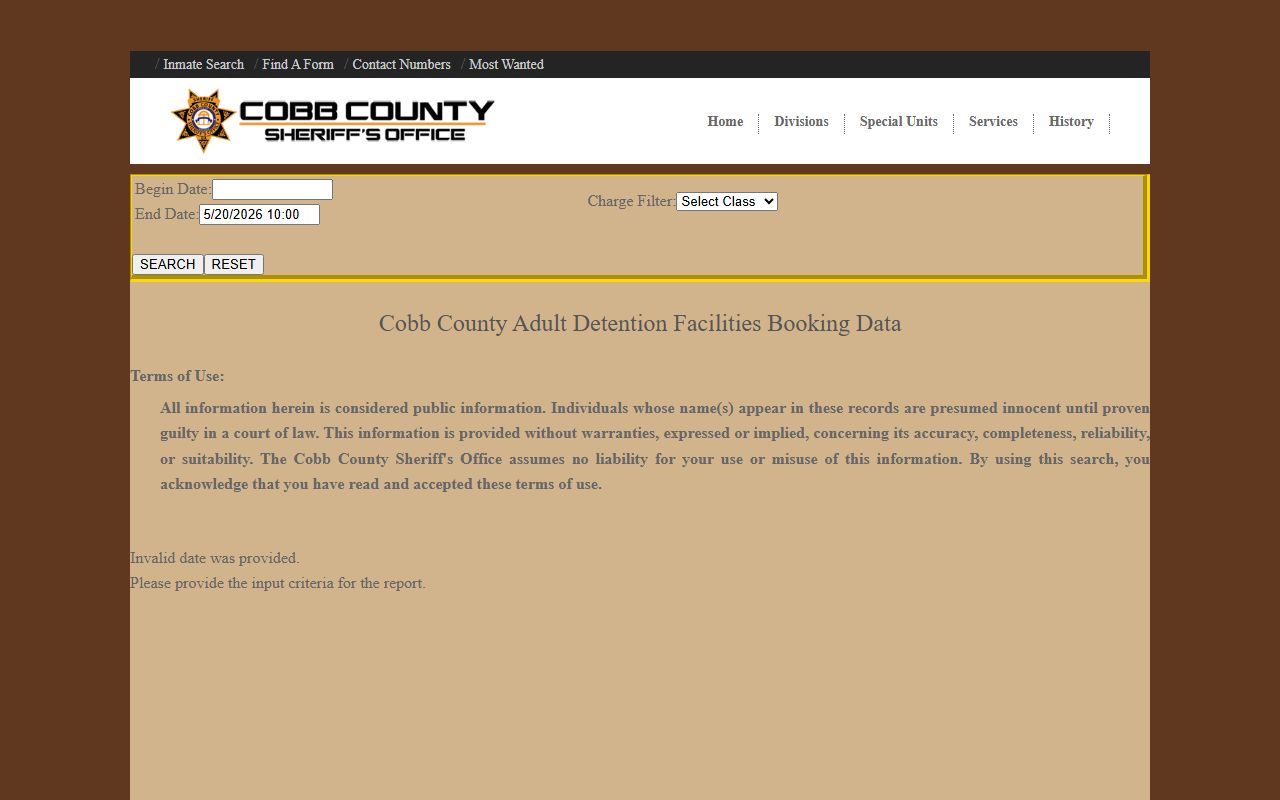 Cobb County Sheriff admissions report linked from the inmate inquiry showing recent bookings