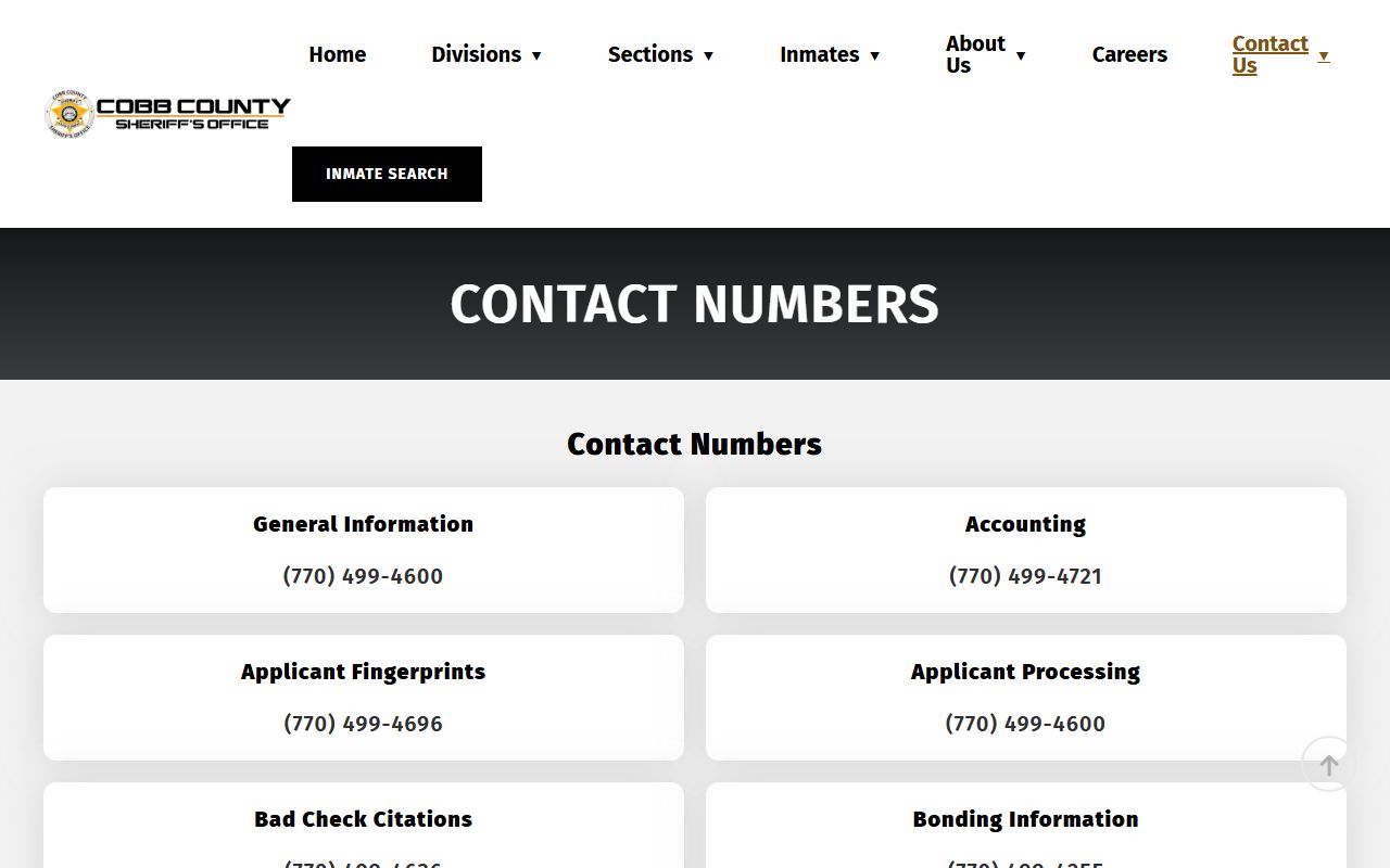 Cobb County Sheriff contact directory used for Cobb County inmate records questions