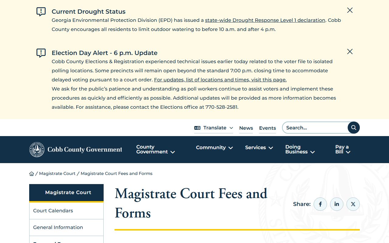Cobb County Magistrate Court fees and forms page