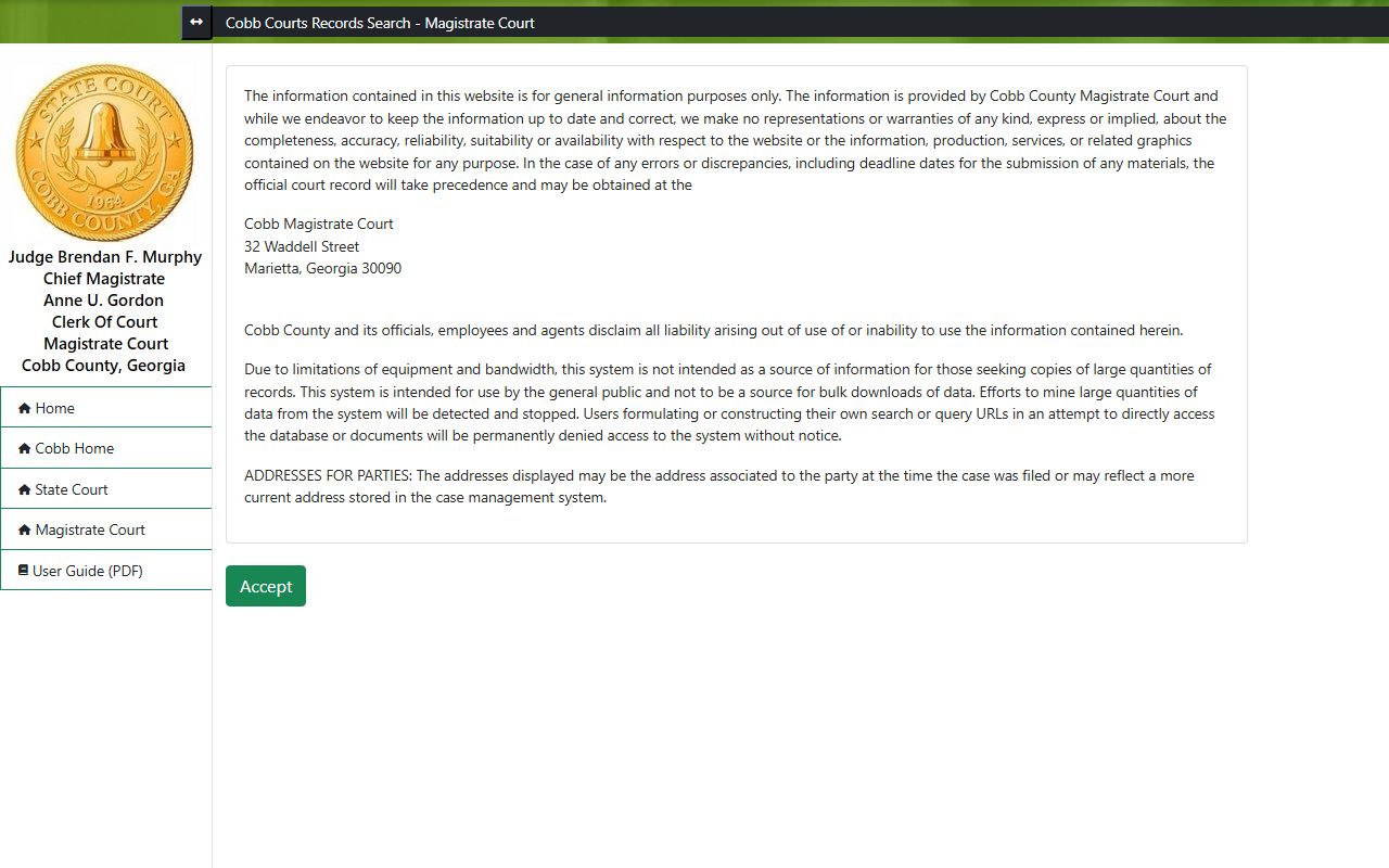 Cobb County Magistrate Court record search portal landing page
