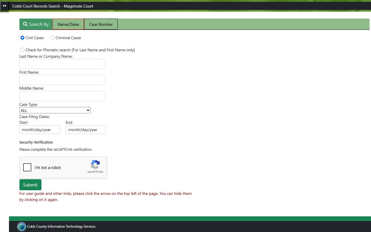 Cobb County Magistrate Court records search form fields and dropdowns