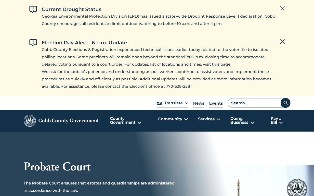 Cobb County Probate Court landing page with probate records and estate filing links