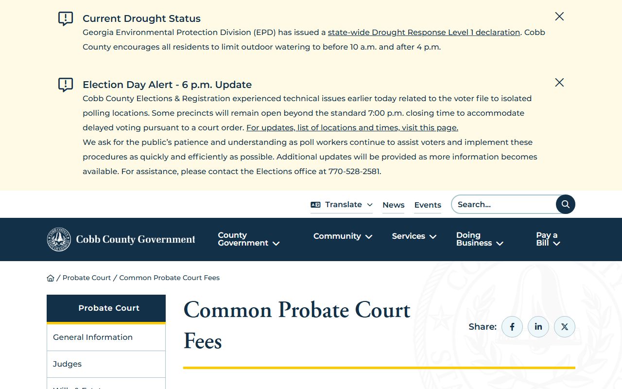 Cobb County Probate Court fees page showing estate, guardianship, and certified copy charges