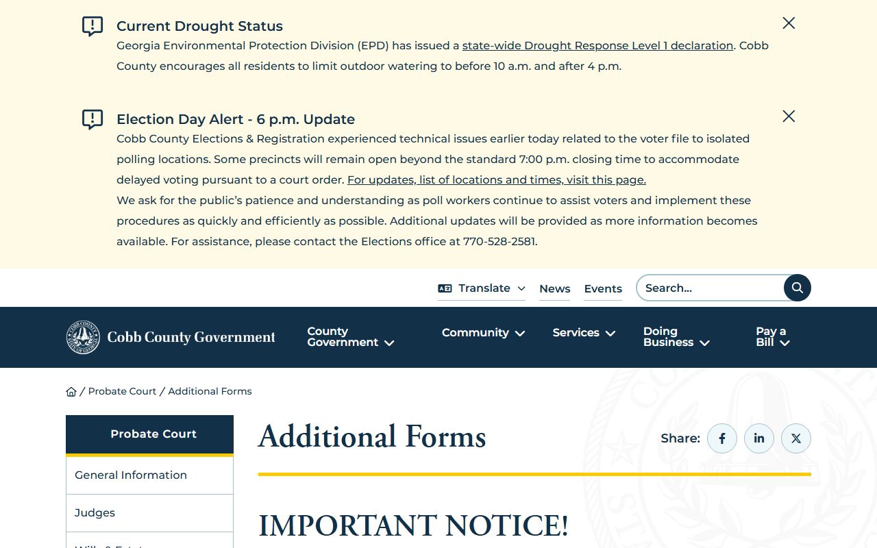 Cobb County Probate Court forms page with marriage license and estate forms