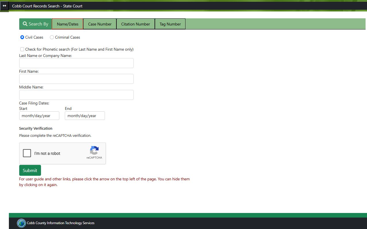 Cobb County State Court public records search form with name, case, citation, and tag fields