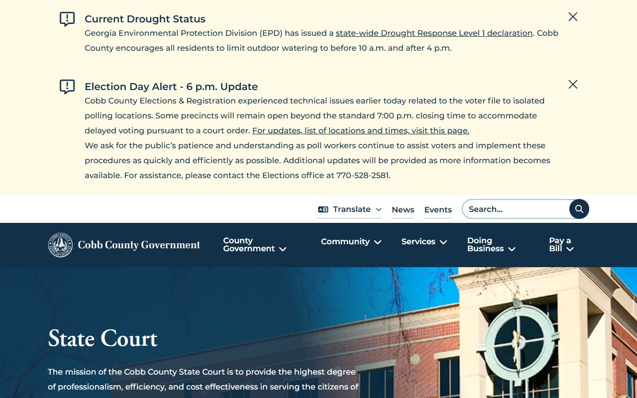 Cobb County State Court official landing page with hours and links