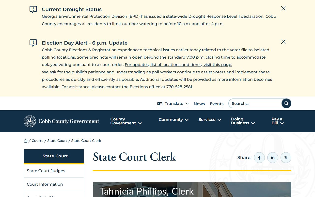 Cobb County State Court Clerk official page with case help links