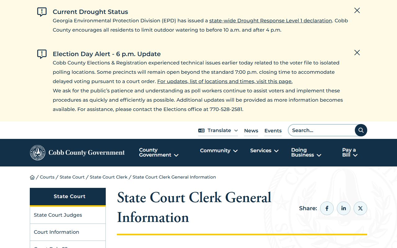 Cobb County State Court Clerk general information page with hours and contact details