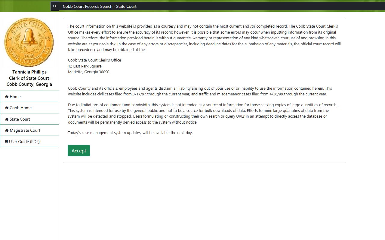 Cobb County State Court online record search portal home page