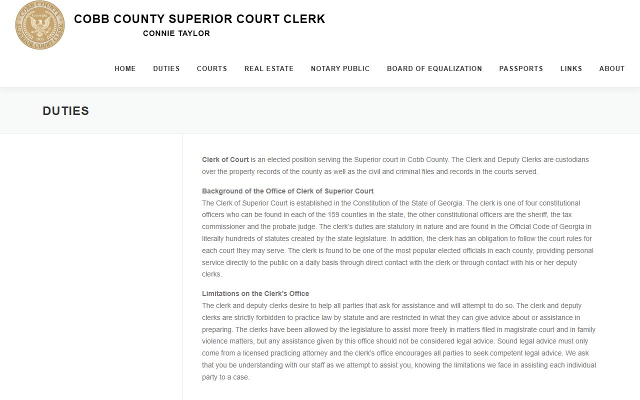 Cobb County Clerk of Superior Court official duties page