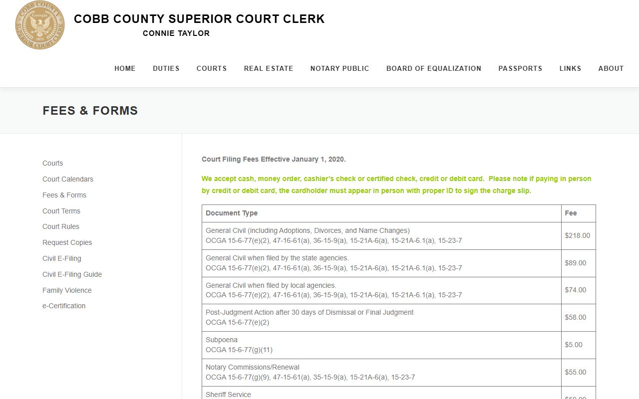 Cobb County Superior Court Clerk fee schedule page