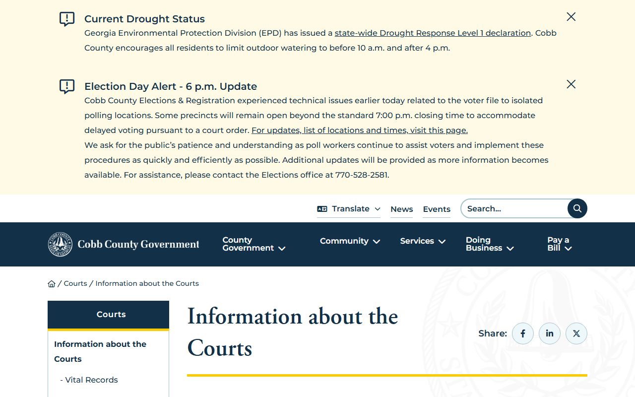 Cobb County Court information page with court contacts