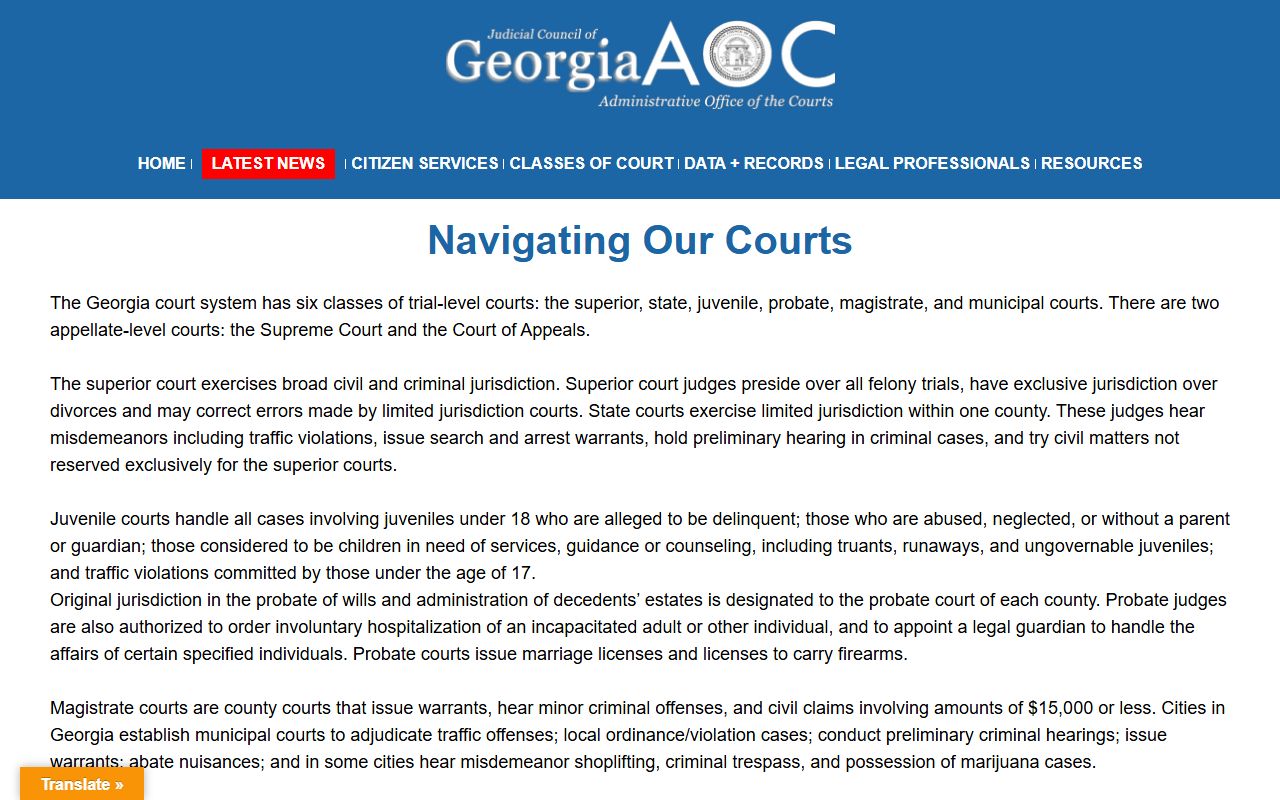 Georgia Courts hierarchy navigation page